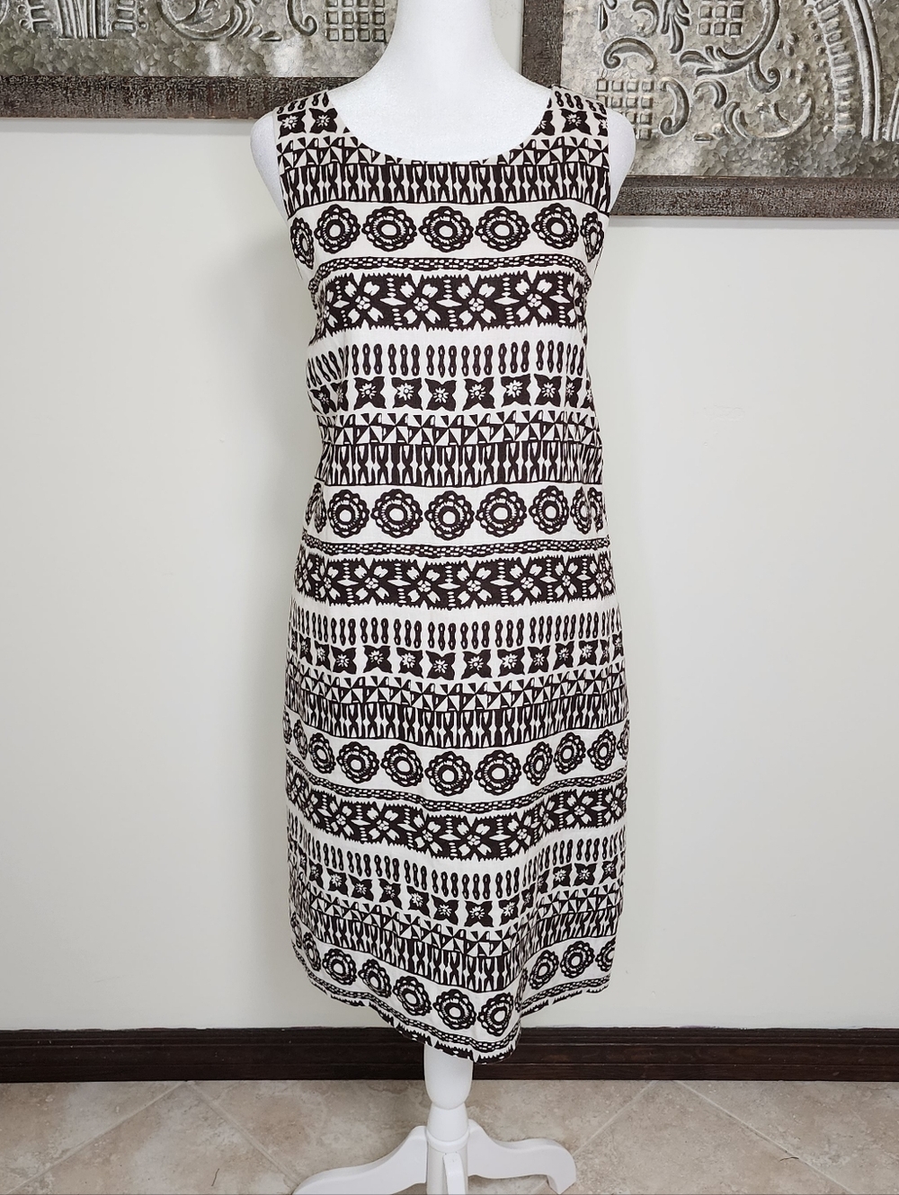 Tommy Bahama Women's Linen Chocolate Brown & Cream Sleeveless Shift Dress Large